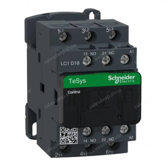 LC1D18P7 IEC contactor, TeSys Deca, nonreversing, 18A, 10HP at 480VAC, up to 100kA SCCR, 3 phase, 3 NO, 230VAC 50/60Hz coil, open